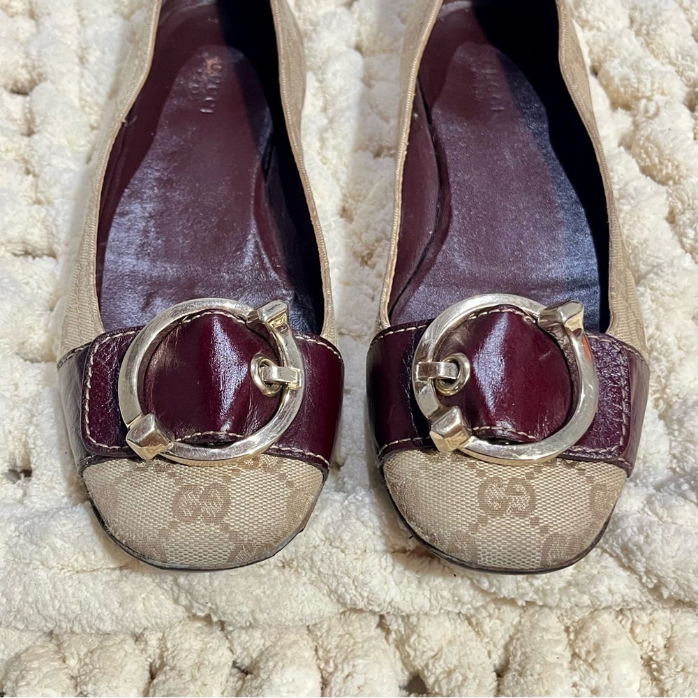 Gucci Brown Leather and GG Monogram Logo Canvas Buckle Detail Ballet Flats - Picture 3 of 8